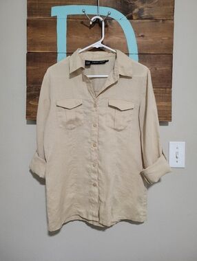 Vintage Casual Button-Down Rolled Tab Sleeves Linen Breathable Shirt in Beige
